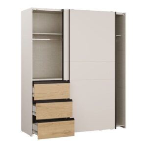 Winn II 170cm wardrobe in Sand and Oak Wild with the drawers open