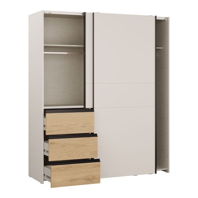 Winn II 170cm wardrobe in Sand and Oak Wild with the drawers open