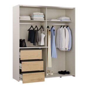 Winn II 170cm wardrobe interior with long and short hanging rails, shelves and drawers, filled with clothes