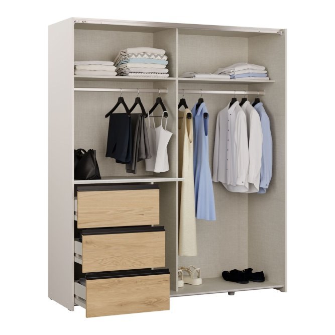 Winn II 170cm wardrobe interior with long and short hanging rails, shelves and drawers, filled with clothes