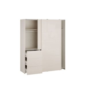 Winn II 170cm Sand Gloss wardrobe with a door slid open and drawers out