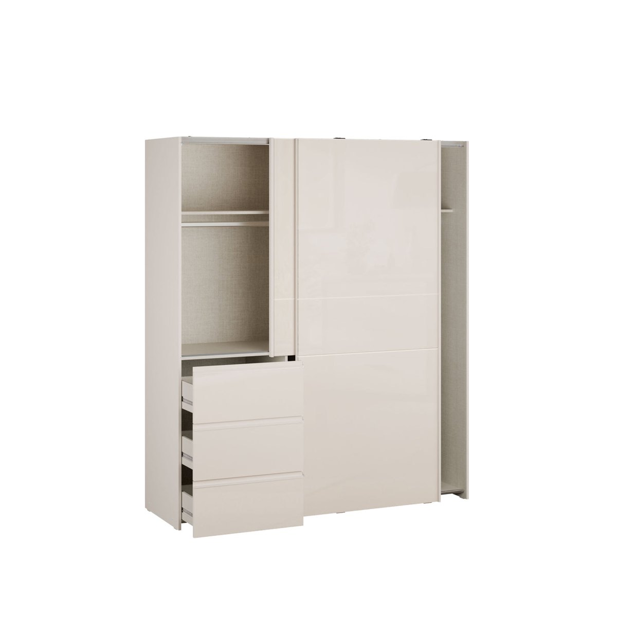 Winn II 170cm Sand Gloss wardrobe with a door slid open and drawers out