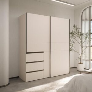 Winn II 170cm sliding wardrobe in Sand with dark handles in a bedroom