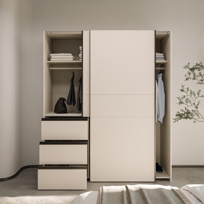 Winn II 170cm Sand wardrobe open in a bedroom showing shelves, rails and drawers