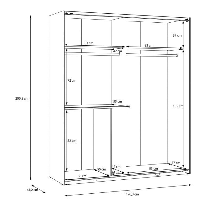 Winn II 170cm wardrobe interior diagram with hanging heights and shelf positions