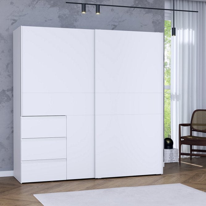 Winn II 200cm sliding wardrobe in White with three front drawers in a grey bedroom