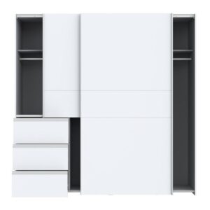 Winn II 200cm White wardrobe with the left door slid open showing short hanging and drawers