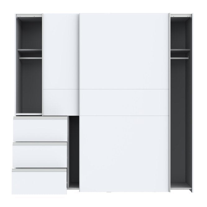 Winn II 200cm White wardrobe with the left door slid open showing short hanging and drawers