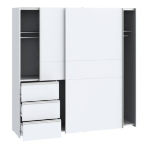 Winn II 200cm White wardrobe with doors open and the three drawers pulled out