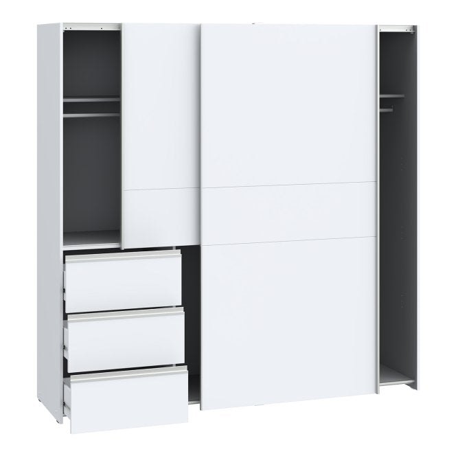 Winn II 200cm White wardrobe with doors open and the three drawers pulled out