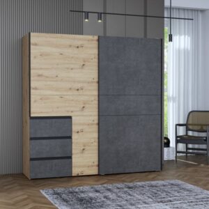 Winn II 200cm sliding wardrobe in Oak Artisan and Concrete Grey in a bedroom