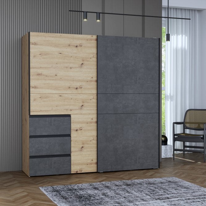 Winn II 200cm sliding wardrobe in Oak Artisan and Concrete Grey in a bedroom