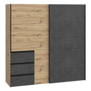 Winn II 200cm Oak Artisan and Concrete Grey sliding wardrobe, angled view