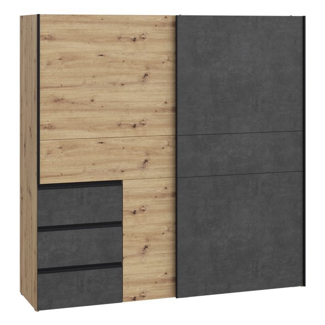 Winn II 200cm Oak Artisan and Concrete Grey sliding wardrobe, angled view