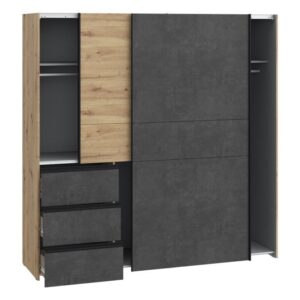 Winn II 200cm Oak Artisan and Concrete Grey wardrobe with the drawers open