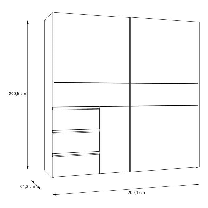 Winn II 200cm wardrobe dimensions drawing, 200.1cm wide, 61.2cm deep, 200.5cm high