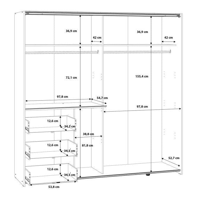 Winn II 200cm wardrobe interior diagram showing 155cm and 72cm hanging heights, shelves and drawers