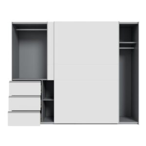Winn II 250cm White wardrobe with doors open showing hanging, drawers and open shelf bay