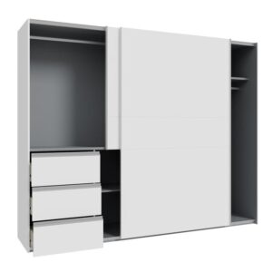 Winn II 250cm White wardrobe with the three drawers pulled out