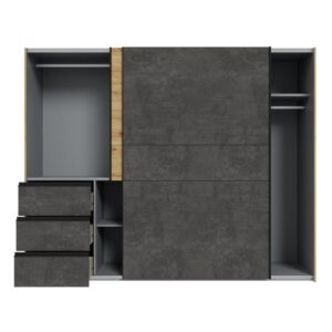 Winn II 250cm Oak Artisan and Concrete Grey wardrobe with a door slid open