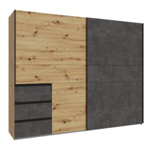Winn II 250cm Oak Artisan and Concrete Grey sliding wardrobe, angled view