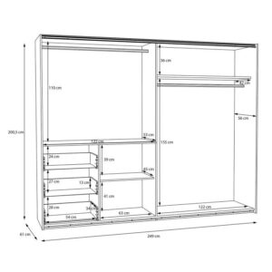 Winn II 250cm wardrobe interior diagram with 155cm and 110cm hanging heights, drawers and shelf bay