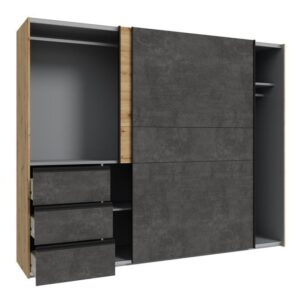 Winn II 250cm Oak Artisan and Concrete Grey wardrobe with drawers open