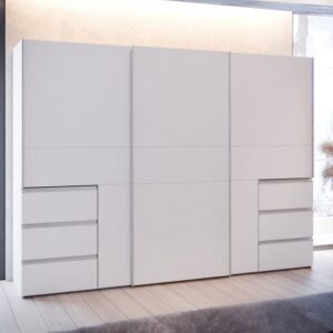 Winn II 270cm three-door sliding wardrobe in White with six drawers in a bedroom