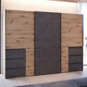 Winn II 270cm three-door sliding wardrobe in Oak Artisan and Concrete Grey in a bedroom