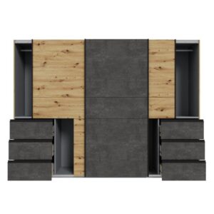 Winn II 270cm Oak Artisan and Concrete Grey wardrobe with outer doors open