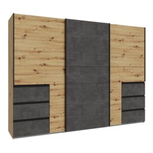 Winn II 270cm Oak Artisan and Concrete Grey sliding wardrobe, angled view
