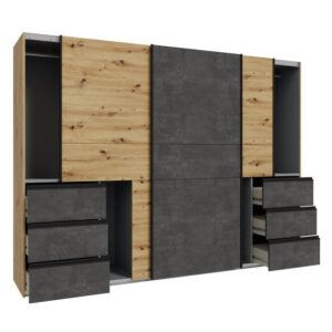 Winn II 270cm Oak Artisan and Concrete Grey wardrobe with drawers open
