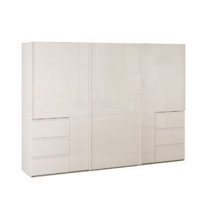 Winn II 270cm three-door sliding wardrobe in Sand Gloss, angled view