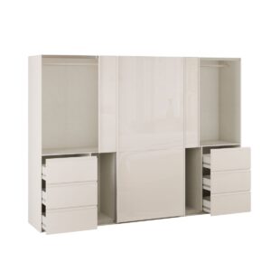 Winn II 270cm Sand Gloss wardrobe with doors open and drawers out
