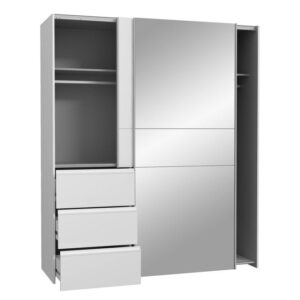 Winn II 170cm mirrored wardrobe in White with the left door open and drawers pulled out