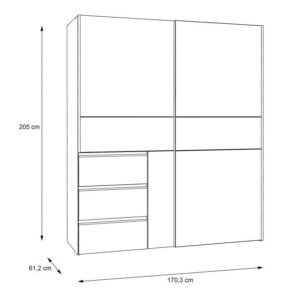 Winn II 170cm mirrored sliding wardrobe dimension drawing, 170.3cm wide and 61.2cm deep