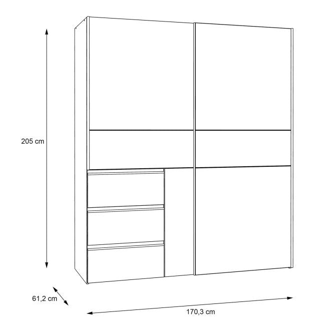 Winn II 170cm mirrored sliding wardrobe dimension drawing, 170.3cm wide and 61.2cm deep