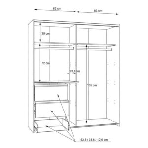 Winn II 170cm wardrobe interior drawing with two 83cm bays, 155cm and 72cm hanging heights