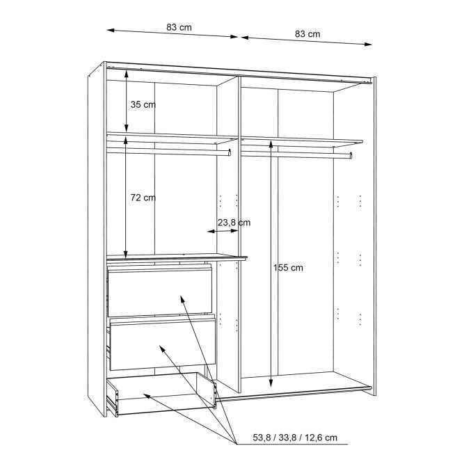 Winn II 170cm wardrobe interior drawing with two 83cm bays, 155cm and 72cm hanging heights