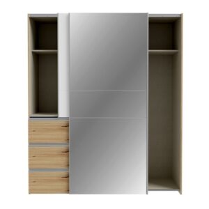 Winn II 170cm White / Oak Artisan wardrobe with both doors slid to show the shelves inside