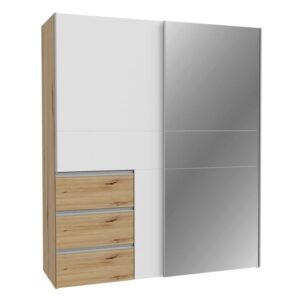 Winn II 170cm White / Oak Artisan mirrored wardrobe shown from an angle with oak side panels
