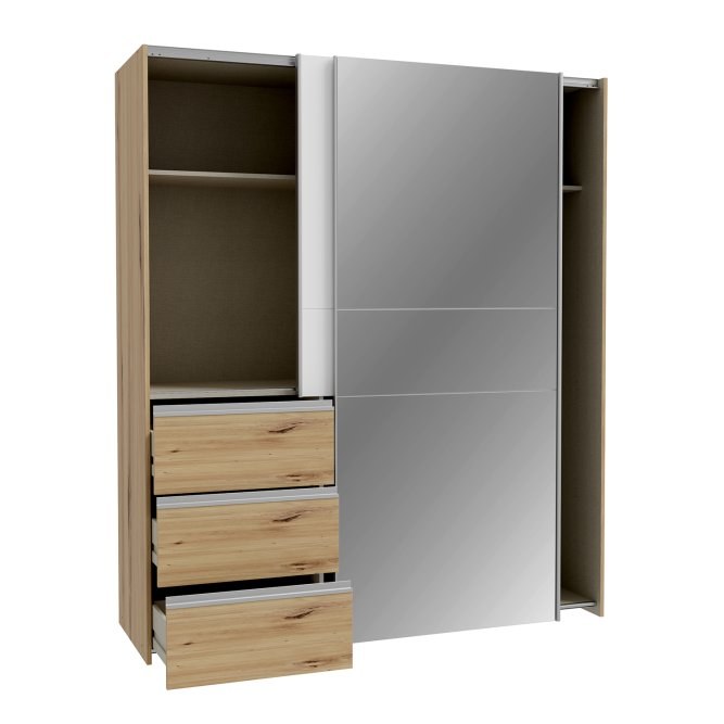 Winn II 170cm White / Oak Artisan wardrobe with door open and three drawers pulled out