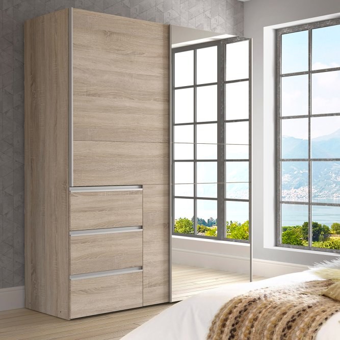 Winn II 170cm mirrored sliding wardrobe in Oak Sonoma in a bedroom with tall windows