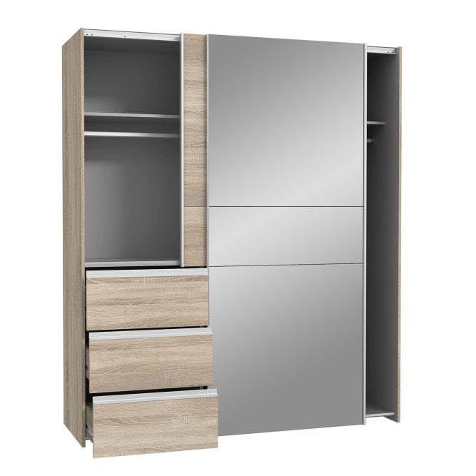 Winn II 170cm Oak Sonoma mirrored wardrobe with the left door open and drawers out