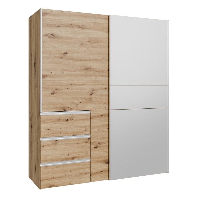 Winn II 170cm Oak Artisan / Dark Concrete Grey mirrored wardrobe shown from an angle