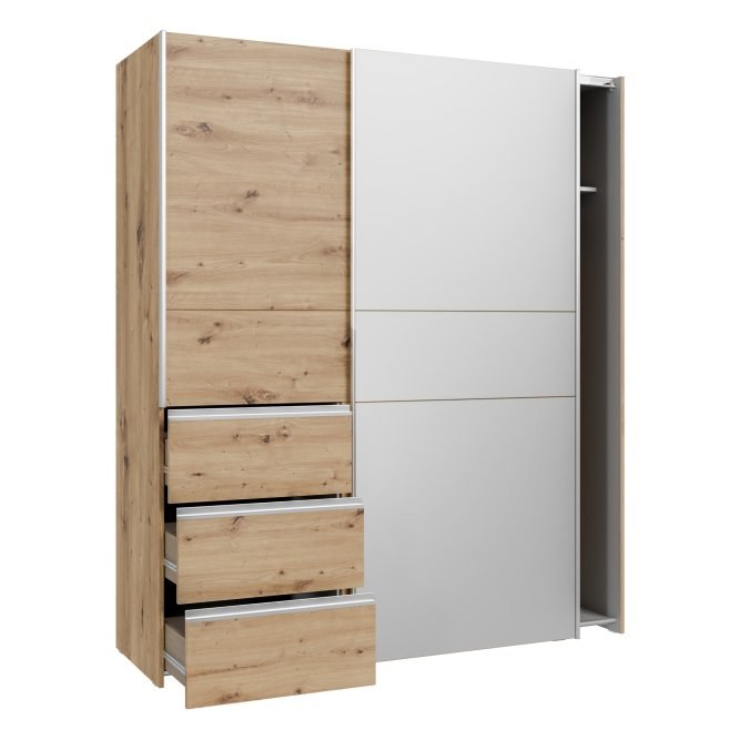 Winn II 170cm Oak Artisan / Dark Concrete Grey wardrobe with drawers pulled out
