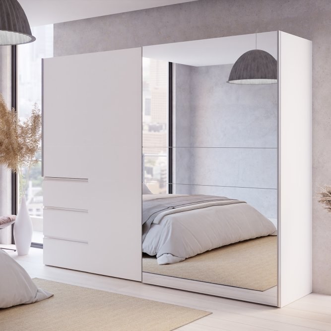 Winn II 250cm white mirrored sliding wardrobe with three drawers in a bright bedroom