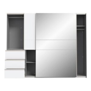 Winn II 250cm white mirrored wardrobe with doors slid to show the grey interior and shelves