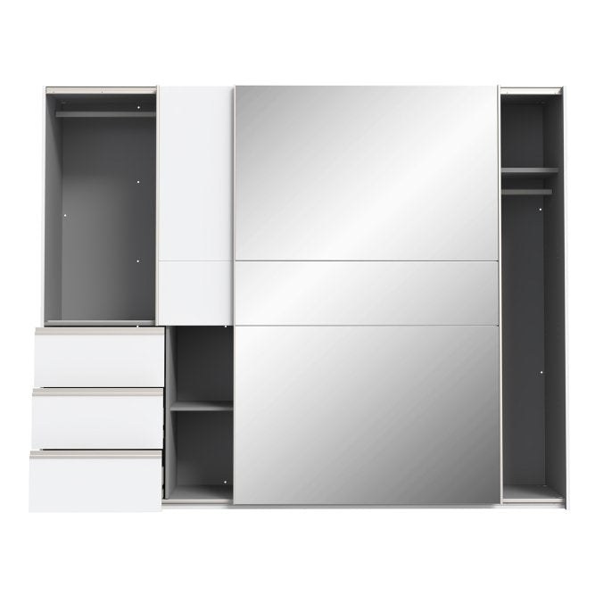 Winn II 250cm white mirrored wardrobe with doors slid to show the grey interior and shelves