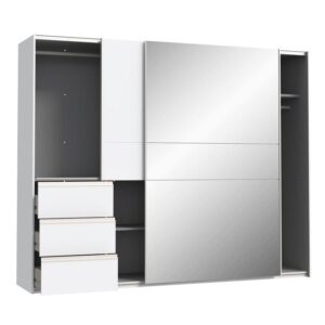 Winn II 250cm white wardrobe with the left bay open and three drawers pulled out